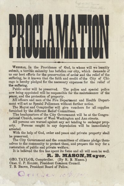 Prima proclamazione del sindaco di Chicago Roswell B. Mason riguardante l